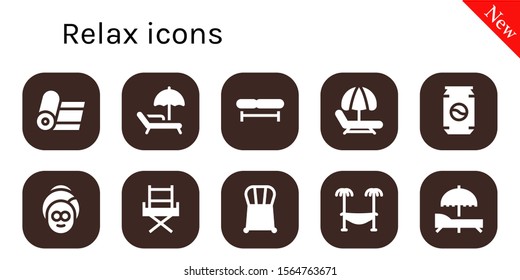 relax icon set. 10 filled relax icons.  Simple modern icons about  - Yoga, Sunbed, Bench, Hammock, Can, Spa, Chair