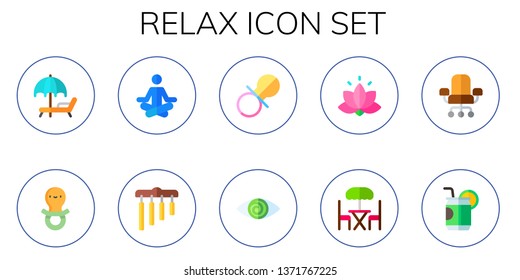 relax icon set. 10 flat relax icons.  Collection Of - sunbed, pacifier, meditation, chimes, fatigue, lotus, terrace, chair, can