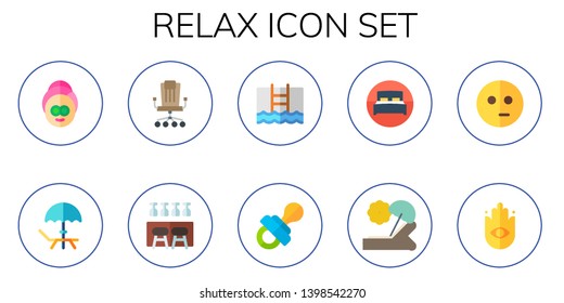 relax icon set. 10 flat relax icons.  Simple modern icons about  - spa, deck, desk chair, bar stool, pool, pacifier, bed, sunbed, meditate, buddhism