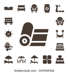 relax icon set. 17 filled relax icons.  Simple modern icons about  - Bed, Bench, Summer, Yoga, Fishing reel, Armchair, Hammock, Sunbed, Chairs, Can, Mozy, Treadmill