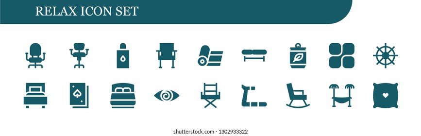  relax icon set. 18 filled relax icons.  Simple modern icons about  - Chair, Body oil, Yoga, Bench, Can, Mozy, Buddhism, Bed, Deck, Fatigue, Treadmill, Rocking chair, Hammock