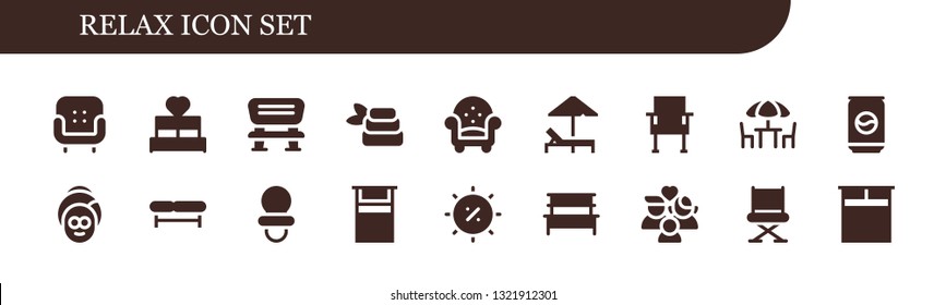 relax icon set. 18 filled relax icons.  Simple modern icons about  - Armchair, Bed, Bench, Zen, Sunbed, Chair, Chairs, Can, Spa, Dummy, Summer, Wellness, Double bed