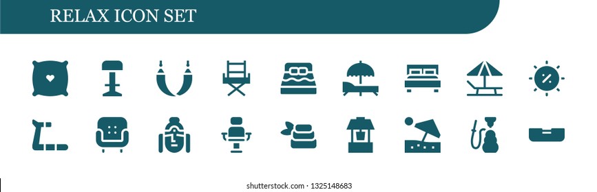 relax icon set. 18 filled relax icons.  Collection Of - Pillow, Stool, Hammock, Chair, Bed, Sunbed, Double bed, Summer, Treadmill, Armchair, Buddha, Zen, Well, Beach umbrella