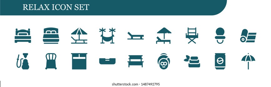 relax icon set. 18 filled relax icons.  Collection Of - Bed, Sunbed, Hammock, Beach, Chair, Dummy, Yoga, Hookah, Double bed, Bench, Spa, Zen, Can, Beach umbrella