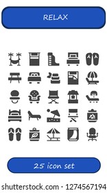  relax icon set. 25 filled relax icons. Simple modern icons about  - Hammock, Bed, Waterpark, Slippers, Bench, Zen, Dummy, Armchair, Chair, Well, Sunbed, Deck chair, Beach umbrella