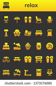 relax icon set. 26 filled relax icons.  Collection Of - Chair, Bed, Beach umbrella, Slippers, Rocking chair, Stool, Armchair, Yoga, Spa, Can, Om, Chairs, Bench, Sandals, Double bed