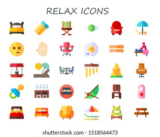 relax icon set. 30 flat relax icons.  Collection Of - bed, air mattress, chair, fatigue, armchair, deck, meditate, massage, desk chair, summer, bench, well, sunbed, chimes icons
