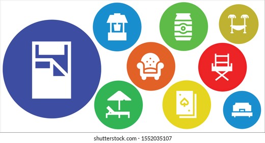 relax icon set. 9 filled relax icons.  Collection Of - Bed, Well, Can, Sunbed, Deck, Armchair, Chair, Hammock, Single bed icons