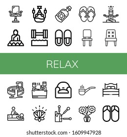 relax icon set. Collection of Chair, Buddha, Hookah, Hydrotherapy, Essential oil, Slippers, Sandal, Yoga, Jacuzzi, Massage, Sauna, Lotus, Armchair, Acupuncture, Smoking pipe icons