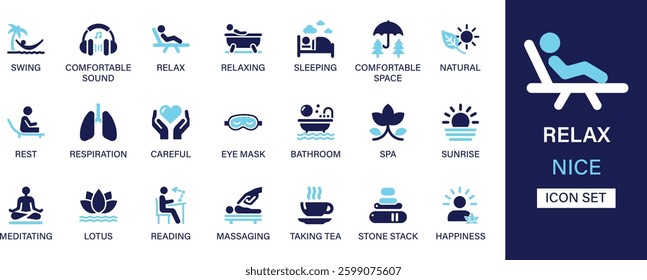 Relax icon set collection. Swing, comfortable sound, relaxing, sleeping, natural, rest, respiration, careful, eye mask, bathroom, spa and best solid icon set.