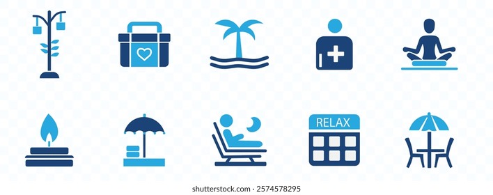Relax icon set. Containing meditation, calm, relaxation, yoga, spa, self-care, massage, peace, nature, serenity and more. Solid vector icons