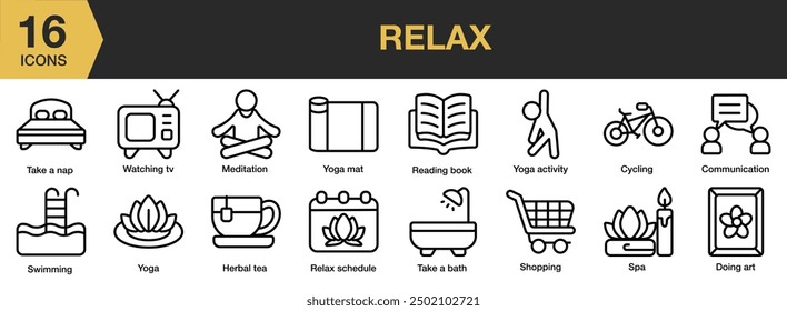 Relax icon set. Includes meditation, spa, swimming, take a bath, watching tv, and More. Outline icons vector collection.