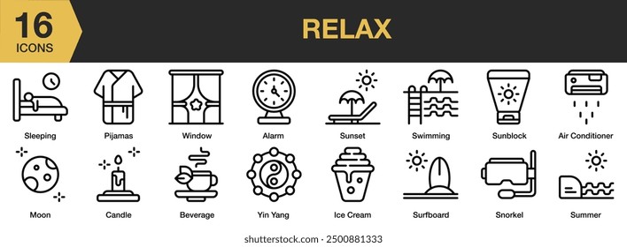 Relax icon set. Includes sunset, summer, sleeping, snorkel, swimming, pijamas, and More. Outline icons vector collection.