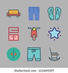 relax icon set. vector set about flip flops, shorts, reflection and sofa icons set.