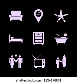 relax icon. relax vector icons set starfish, surfer with board, bed and armchair