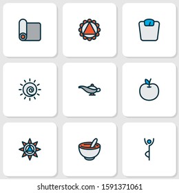 Relax icons colored line set with healthy food, sun, ornament and other mandala elements. Isolated vector illustration relax icons.