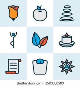 Relax icons colored line set with scales, spa stones, manuscript and other paraffin elements. Isolated vector illustration relax icons.