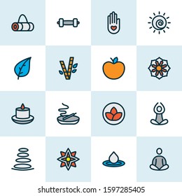 Relax icons colored line set with bamboo, burning candle, yoga bag zen elements. Isolated vector illustration relax icons.