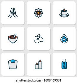 Relax icons colored line set with hinduism, mandala, paraffin mortar elements. Isolated vector illustration relax icons.