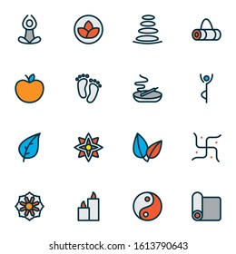 Relax icons colored line set with apple, feet, burning candle foliage elements. Isolated vector illustration relax icons.