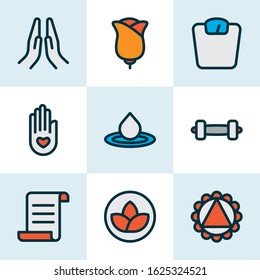 Relax icons colored line set with prayer, lotus, water drop and other palm elements. Isolated vector illustration relax icons.