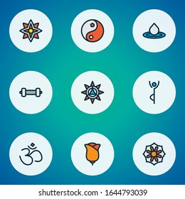 Relax icons colored line set with decoration, hinduism, mandala tao elements. Isolated vector illustration relax icons.