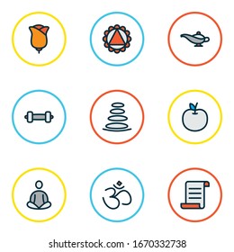 Relájese en los iconos coloridos de la línea con piedras de spa, manuscrito, meditación y otros elementos de yoga. Iconos de relajación de ilustraciones vectoriales aisladas.