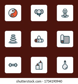 Relax icons colored line set with dumbbell, oil bottle, paraffin and other wick wax elements. Isolated vector illustration relax icons.