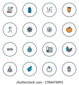 Relax icons colored line set with flower, incense, decoration and other apple elements. Isolated vector illustration relax icons.