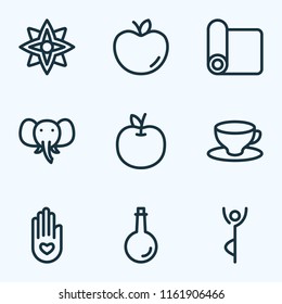 Relax icons line style set with yoga mat, peace hand, floral fruit elements. Isolated vector illustration relax icons.