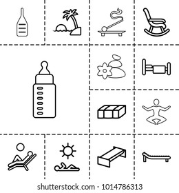 Relax icons. set of 13 editable outline relax icons such as garden bench, rocking chair, bed, sunbed, man laying in sun, man laying in the sun, island, baby bottle, spa stones