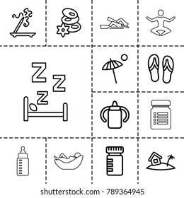 Relax icons. set of 13 editable outline relax icons such as baby bottle, spa stones, aroma stick, bottle for fitness, home on island, umbrella, flip flops, woman in hammock