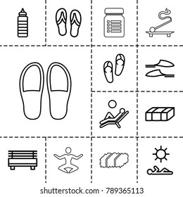 Relax icons. set of 13 editable outline relax icons such as garden bench, flip flops, slippers, fitness bottle, bench, man laying in sun, man laying in the sun, aroma stick