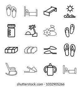 Relax icons. set of 16 editable outline relax icons such as garden bench, baby bottle, flip flops, slippers, bottle for fitness, man laying in sun, island, spa stones, bed