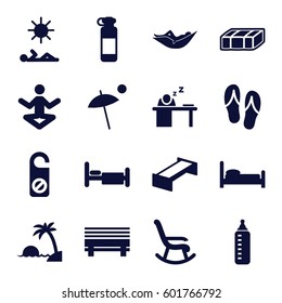 relax icons set. Set of 16 relax filled icons such as garden bench, baby bottle, woman in hammock, do not disturb, bed, man sleeping on table, umbrella, man laying in sun