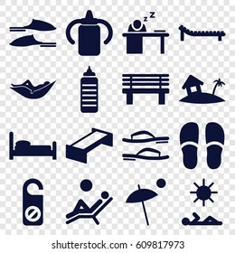 Relax icons set. set of 16 relax filled icons such as garden bench, baby bottle, woman in hammock, do not disturb, slippers, bench, man sleeping on table, home on island