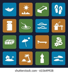 Relax icons set. set of 16 relax filled icons such as garden bench, woman in hammock, spa stones, slippers, man sleeping on table, home on island, umbrella, sunbed