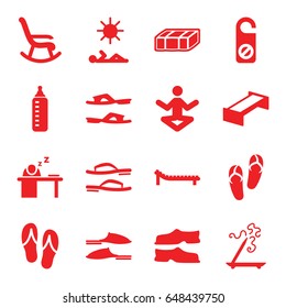 Relax icons set. set of 16 relax filled icons such as garden bench, baby bottle, flip flops, aroma stick, do not disturb, slippers, man sleeping on table, sunbed