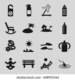 Relax icons set. set of 16 relax filled icons such as baby bottle, spa stones, aroma stick, do not disturb, slippers, bench, home on island, man laying in sun