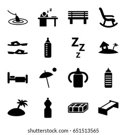 Relax icons set. set of 16 relax filled icons such as garden bench, baby bottle, slippers, bench, bed, man sleeping on table, home on island, umbrella, island, fishing