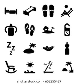 Relax icons set. set of 16 relax filled icons such as garden bench, baby bottle, woman in hammock, aroma stick, do not disturb, slippers, bed, home on island