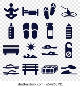 Relax icons set. set of 16 relax filled icons such as garden bench, baby bottle, flip flops, do not disturb, slippers, bench, bed, man laying in sun, fishing