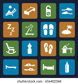 Relax icons set. set of 16 relax filled icons such as garden bench, baby bottle, aroma stick, do not disturb, slippers, bed, man sleeping on table, sunbed