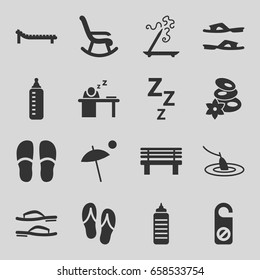 Relax icons set. set of 16 relax filled icons such as baby bottle, spa stones, aroma stick, do not disturb, slippers, bench, man sleeping on table, umbrella, sunbed