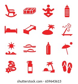 Relax icons set. set of 16 relax filled icons such as garden bench, baby bottle, spa stones, aroma stick, umbrella, man laying in sun, island, flip flops, rocking chair, bed