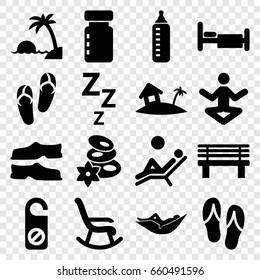 Relax icons set. set of 16 relax filled icons such as baby bottle, woman in hammock, flip flops, spa stones, do not disturb, slippers, bench, bed, home on island