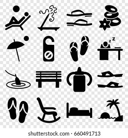 Relax icons set. set of 16 relax filled icons such as baby bottle, flip flops, spa stones, aroma stick, do not disturb, slippers, bench, man sleeping on table, umbrella