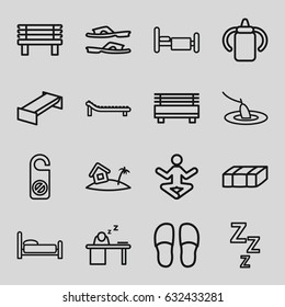 Relax icons set. set of 16 relax outline icons such as garden bench, baby bottle, do not disturb, slippers, bench, bed, man sleeping on table, home on island, sunbed, fishing