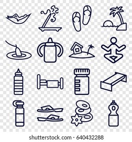 Relax icons set. set of 16 relax outline icons such as garden bench, baby bottle, woman in hammock, flip flops, spa stones, aroma stick, slippers, bed, home on island, island