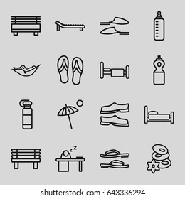 Relax icons set. set of 16 relax outline icons such as baby bottle, woman in hammock, spa stones, slippers, bench, bed, man sleeping on table, umbrella, sunbed, flip flops